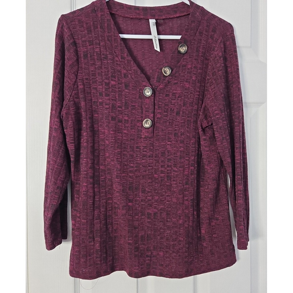 NY Collection Womans 3/4 Sleeve Vneck Size Large Burgundy